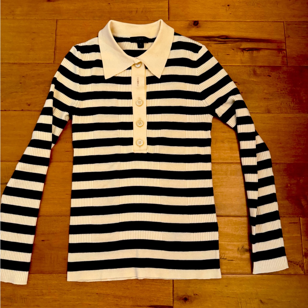 J. Crew Black and White Striped Collared Turtleneck Sweater